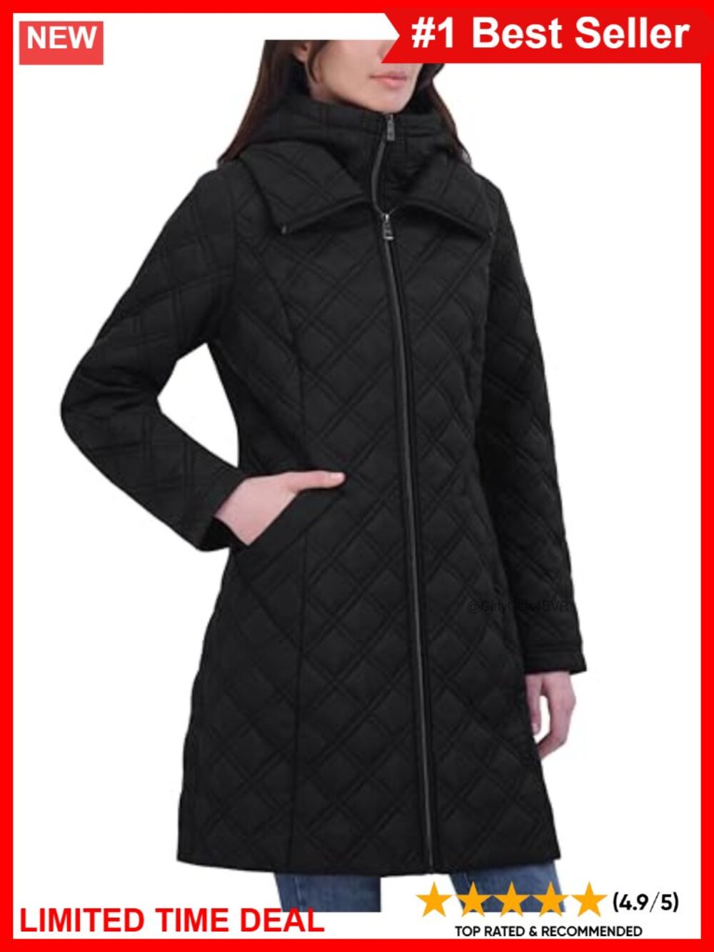 Diamond Quilted Lightweight Jacket Hooded Bib Water-Resistant Zip